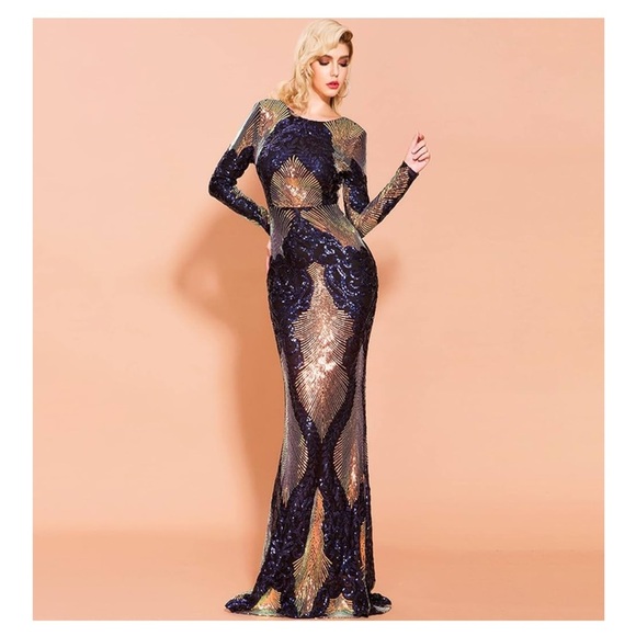 Women’s Black Blue Gold 1920’s Sequin Gown Mermaid Style Sz Small NWT - Picture 2 of 9